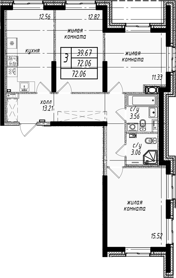 3-комнатная квартира 72.06 м², 1/25 эт., ЖК «Северная Долина»
